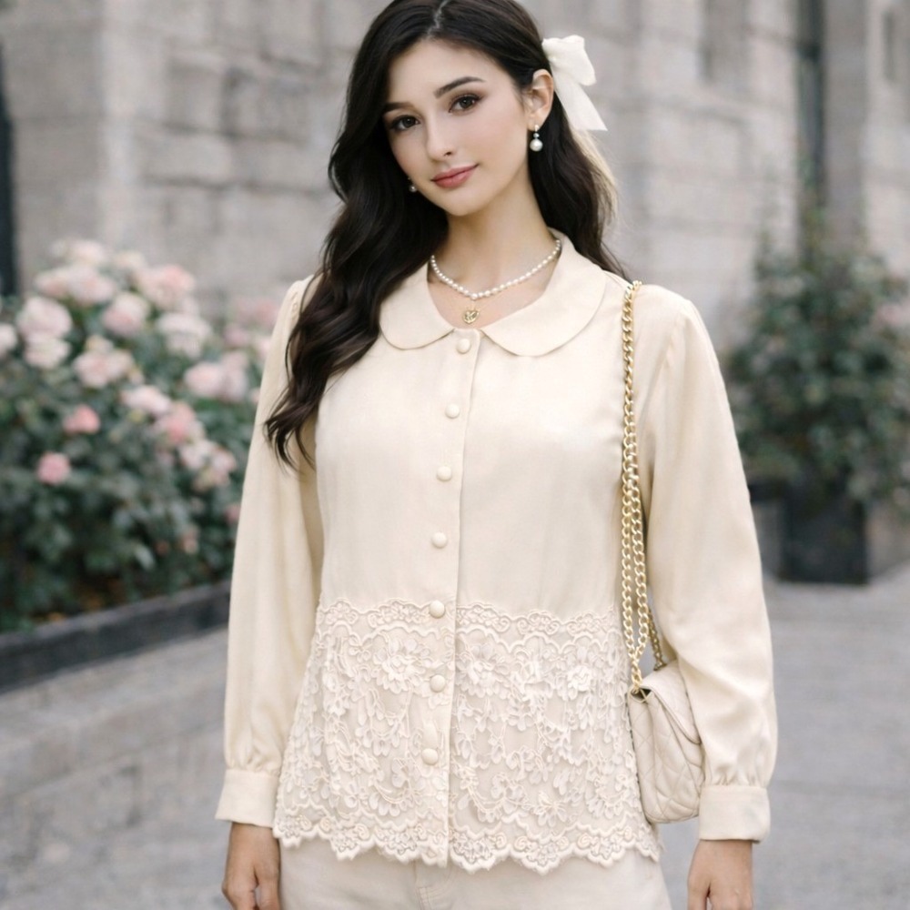Casual Corner Vintage 100% Silk Victorian Coquette Lace Blouse Peter Pan Sz 6